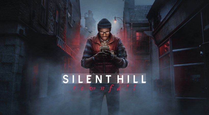 Official SILENT HILL: Townfall key art — Simon checks the CRTV on a fog-lit street